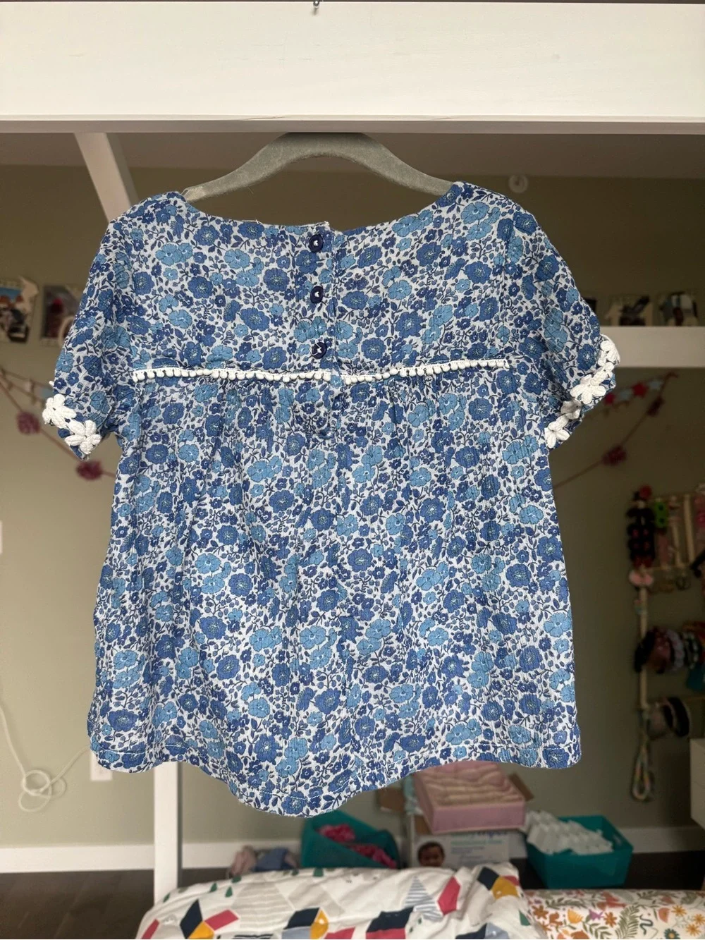 Mini Boden Blue Floral w/ Daisies and Pom -Pom Trim, Size 6-7